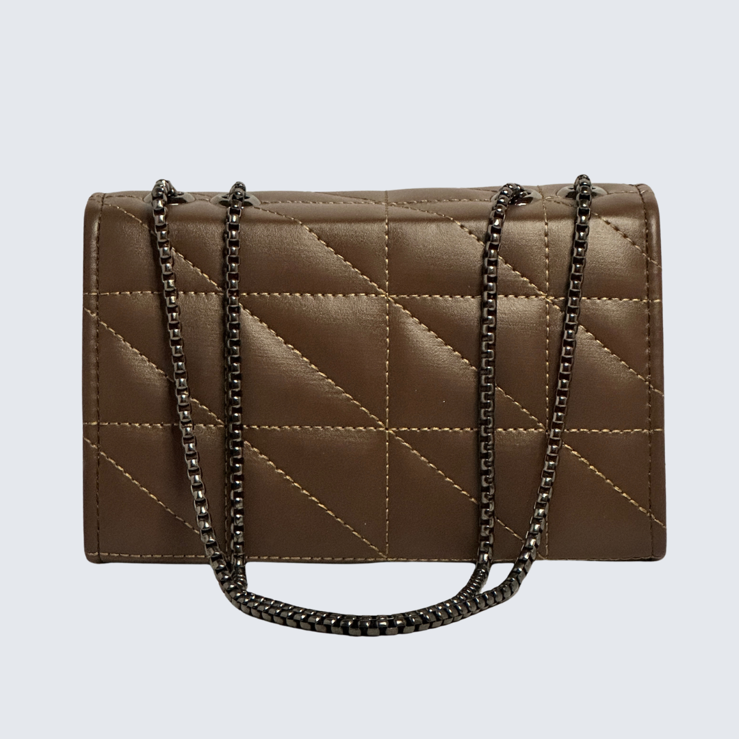 Brown quilted handbag with a chain strap on a light gray background