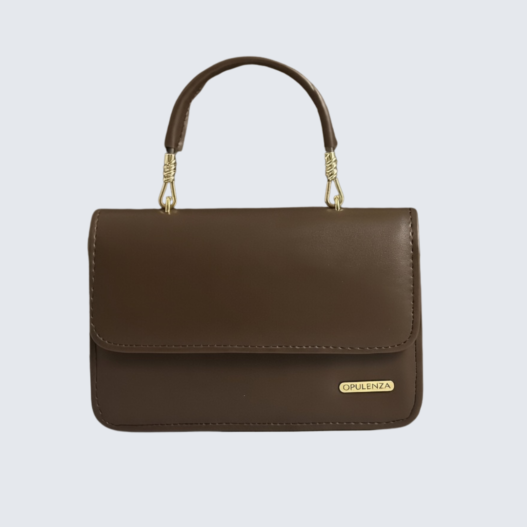 Brown handbag with a gold handle on a light gray background